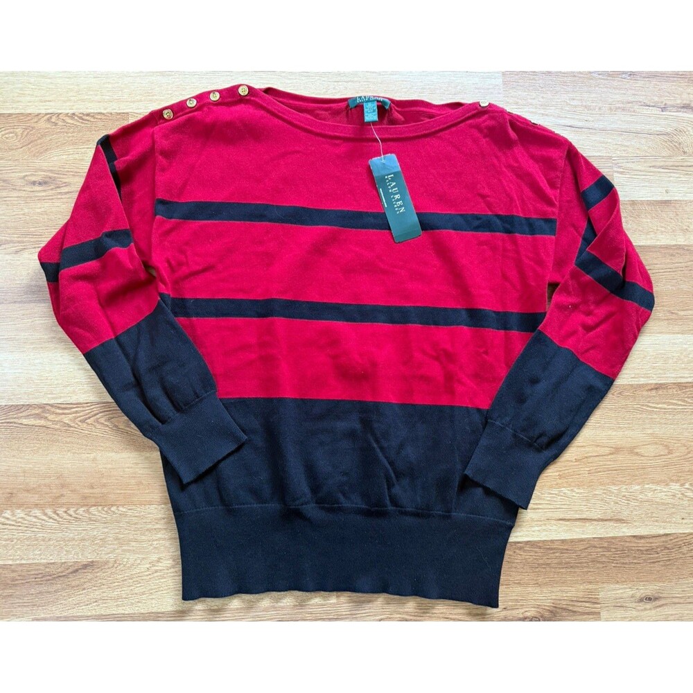 Lauren Ralph Lauren Womens XL Red Black Striped Boat Neck Button Knit Sweater